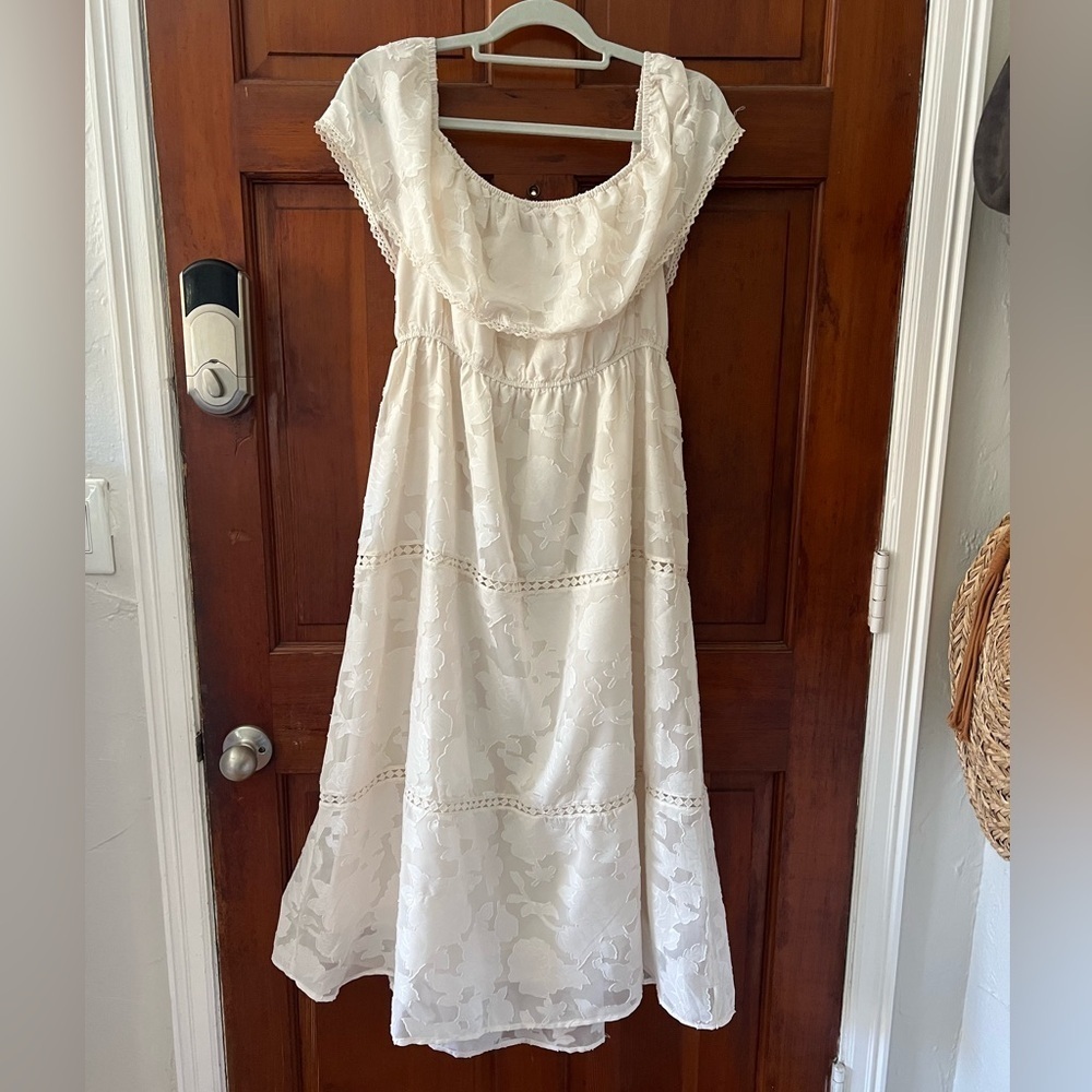 White Lace Midi Dress XL Cottagecore Puff Sleeve Eyelet Boho Prairie Bridal